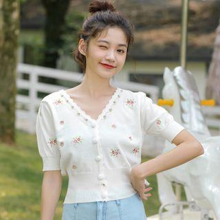 Embroidered Short-sleeve Knit Top White - One Size