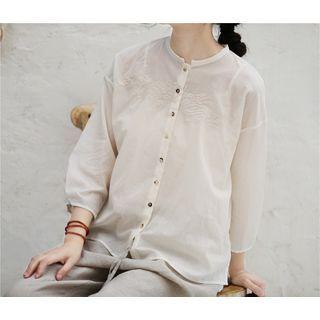 Long-sleeve Floral Embroidered Button-up Blouse