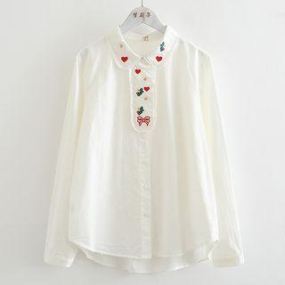 Heart Embroidery Blouse White - One Size