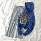 Printed Hoodie / Ripped Straight-cut Jeans