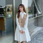 Long-sleeve A-line Shirt Dress / Single Button Vest