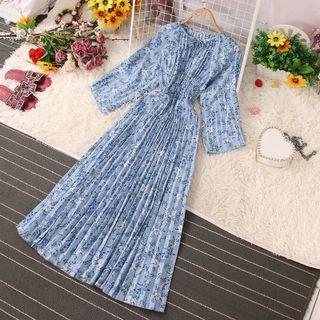 Long-sleeve Floral Print Accordion Pleat Midi A-line Dress