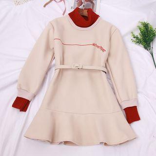 Mock Two-piece Lettering Embroidered A-line Pullover Dress