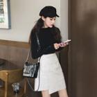 Long-sleeve Mock Neck Top / Faux Leather Mini A-line Skirt