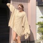 Long-sleeve Plain Cable Knit Dress Almond - One Size