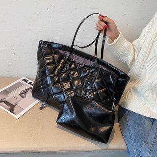 Set: Quilted Faux Leather Tote Bag + Pouch