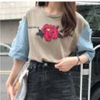 Embroidered Denim Panel Elbow-sleeve T-shirt