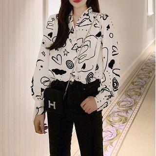 Long Sleeve V-neck Print Chiffon Blouse