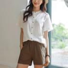 Mandarin-collar Linen Blend Stripe Shirt