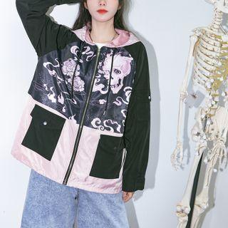 Skull Print Hooded Zip-up Jacket