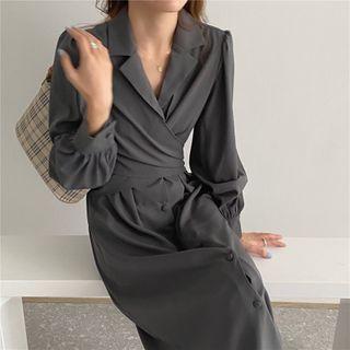 Lantern-sleeve Single Breasted Plain Dress