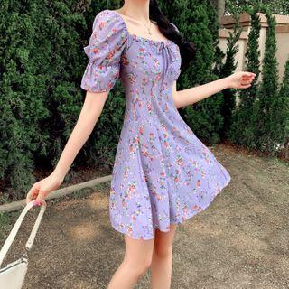 Square-neck Floral Print Chiffon Dress