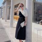 Puff-sleeve Collar Two-tone Midi A-line Dress
