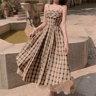 Spaghetti Strap Plaid Midi A-line Dress Khaki - One Size