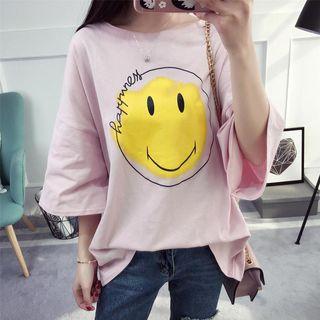 Smiley Face Print 3/4 Sleeve T-shirt