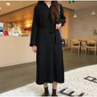 Long-sleeve V-neck Midi Dress Black - One Size