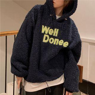 Letter Applique Faux Shearling Hoodie