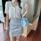 Short-sleeve Plain Shirred Top / High-waist Floral Skirt