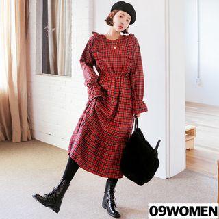 Tall Size Frilled Long Check Dress
