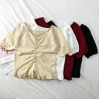 Pearl-button Ruched Summer-knit Top