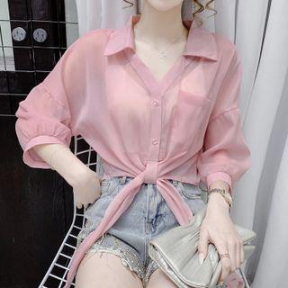 Semi Sleeve V-neck Plain Chiffon Light Shirt