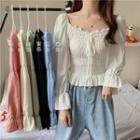 Long-sleeve Shirred Frill Trim Knit Top