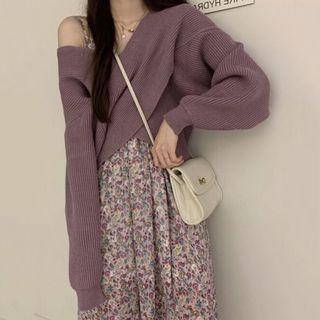 Set: Crisscross Sweater + Spaghetti-strap Floral Print Midi A-line Dress