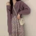 Set: Crisscross Sweater + Spaghetti-strap Floral Print Midi A-line Dress