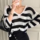 V Neck Pinstriped Color Block Long Sleeve Knitted Top As Shown In Figure - One Size