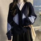 Long-sleeve Argyle Button-up Cardigan