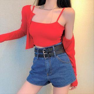 Light Jacket / Spaghetti Strap Top / Denim Shorts