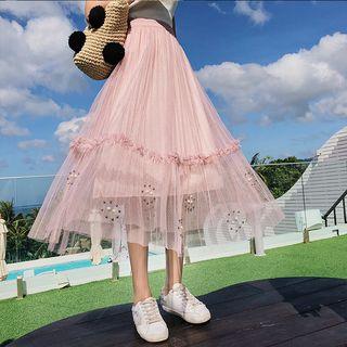 Faux Pearl Sheer Panel Midi Skirt