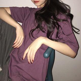 Plain Elbow-sleeve T-shirt Purple - One Size