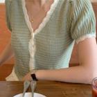 V Neck Color Block Short Sleeve Knitted Top