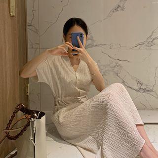 V-neck Drawstring-waist Textured Dress