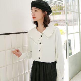 Long-sleeve Wide-collar Buttoned Blouse White - One Size