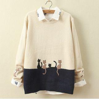 Melange Sweater / Cat Embroidered Shirt / Sweater