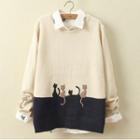 Melange Sweater / Cat Embroidered Shirt / Sweater