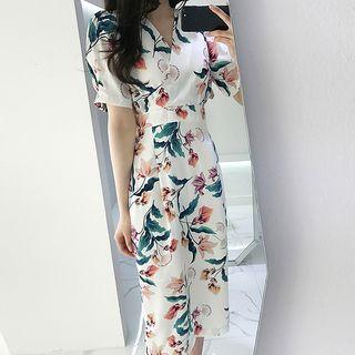 Floral Print Short-sleeve Sheath Chiffon Dress