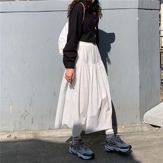 Color Buttoned Long-sleeve Shirt / A-line Skirt
