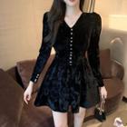 Long-sleeve A-line Velvet Dress Black - One Size