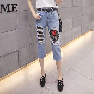 Floral Embroidered Fishnet Insert Capri Jeans