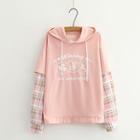 Mock Two-piece Plaid Panel Lettering Hoodie Pink - One Size
