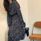 Flower Print Long-sleeve Midi A-line Dress Dress - As Shown In Figure - One Size