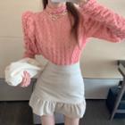 Long-sleeve Mesh Top / Faux Leather Frill Trim Mini Mermaid Skirt