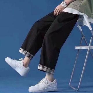 High-waist Plaid Panel Fleece-lined Wide-leg Pants