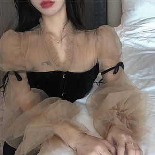 Mesh-sleeve Lace-up Velvet Blouse