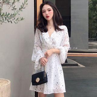 Star Print Long-sleeve A-line Mini Chiffon Dress