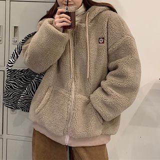 Fleece Zip-up Hooded Jacket Grayish Green - One Size