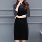 Mock Turtleneck Long-sleeve Velvet Panel A-line Dress
